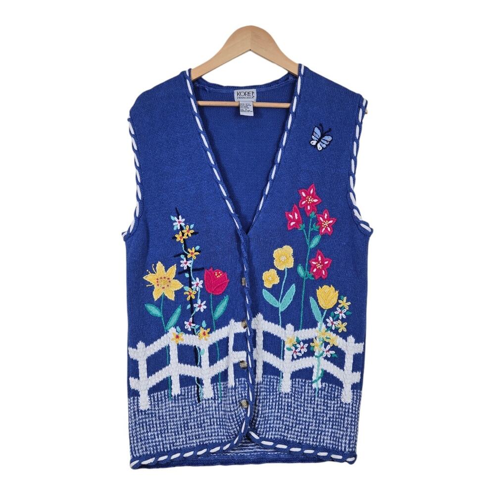 Vintage Koret Francisca Sweater Vest M Blue Floral Embroider Garden Cottagecore